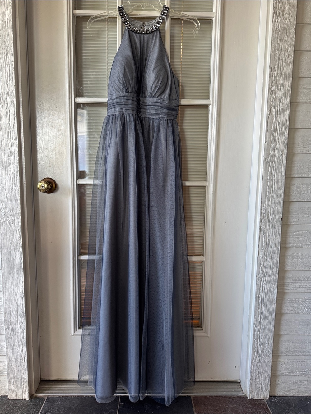 Christina Wu Grey Navy Halter Prom Gown with Jeweled Neckline